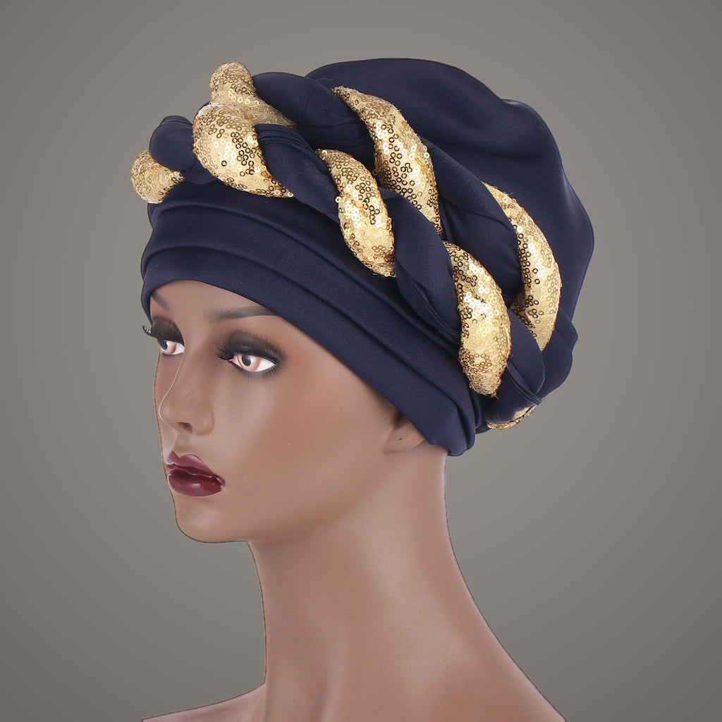 Navy sequin braided turban with gold sequin twists