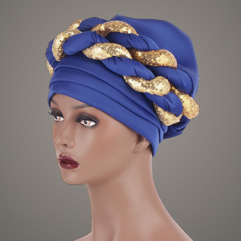 Royal blue sequin braided turban with gold sequin twists