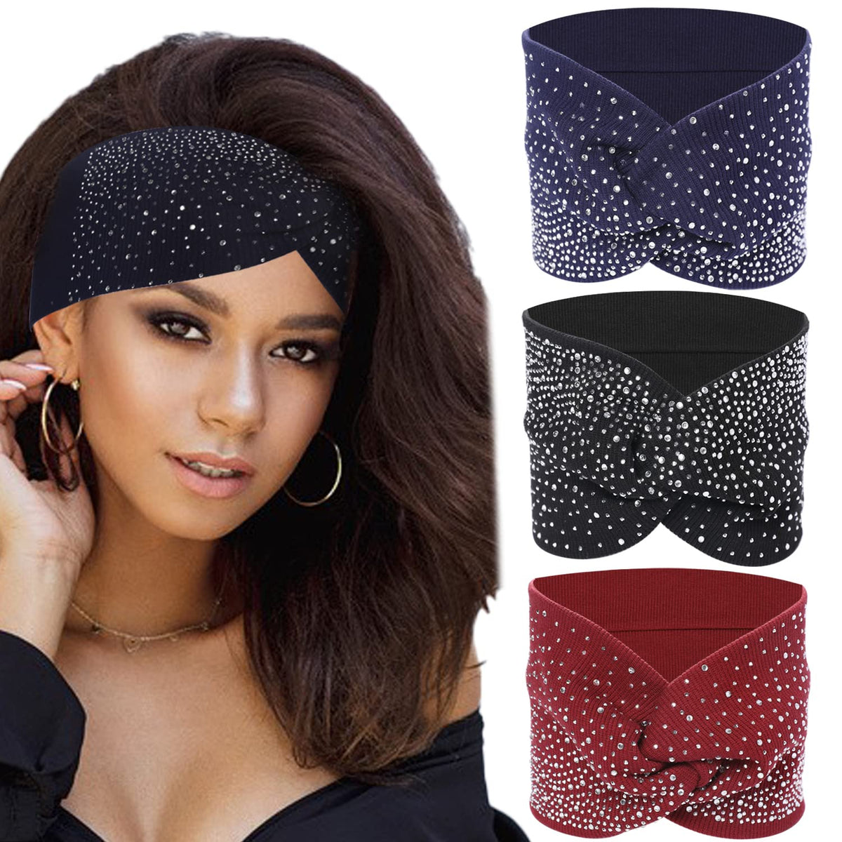 Rhinestone turban headbands 3-pack in navy, black and burgundy
