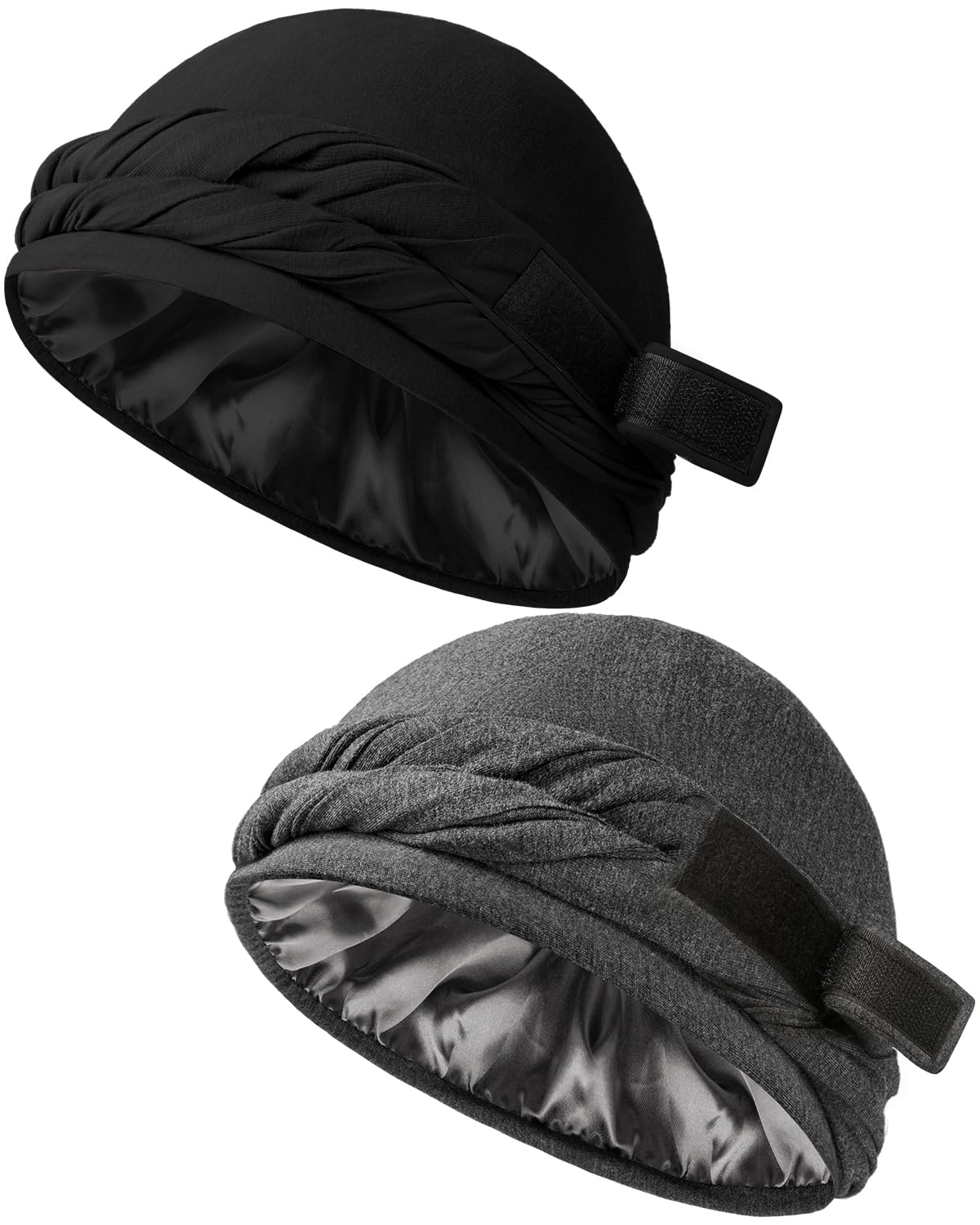 Black and grey pre-tied halo turbans, satin-lined