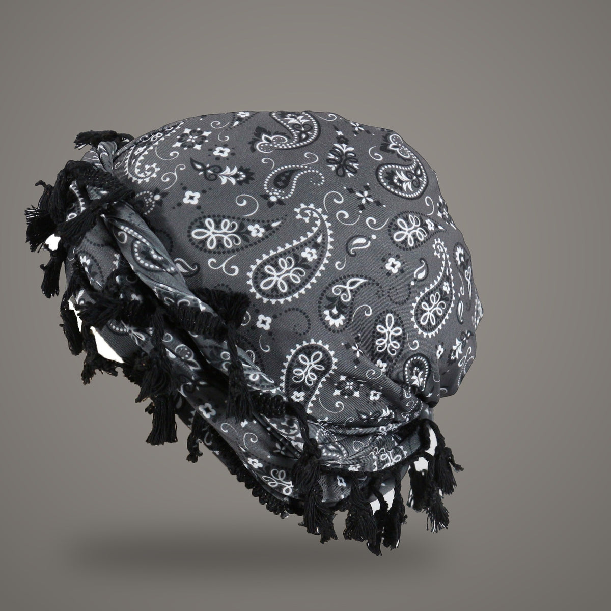 Dark gray paisley tassel turban