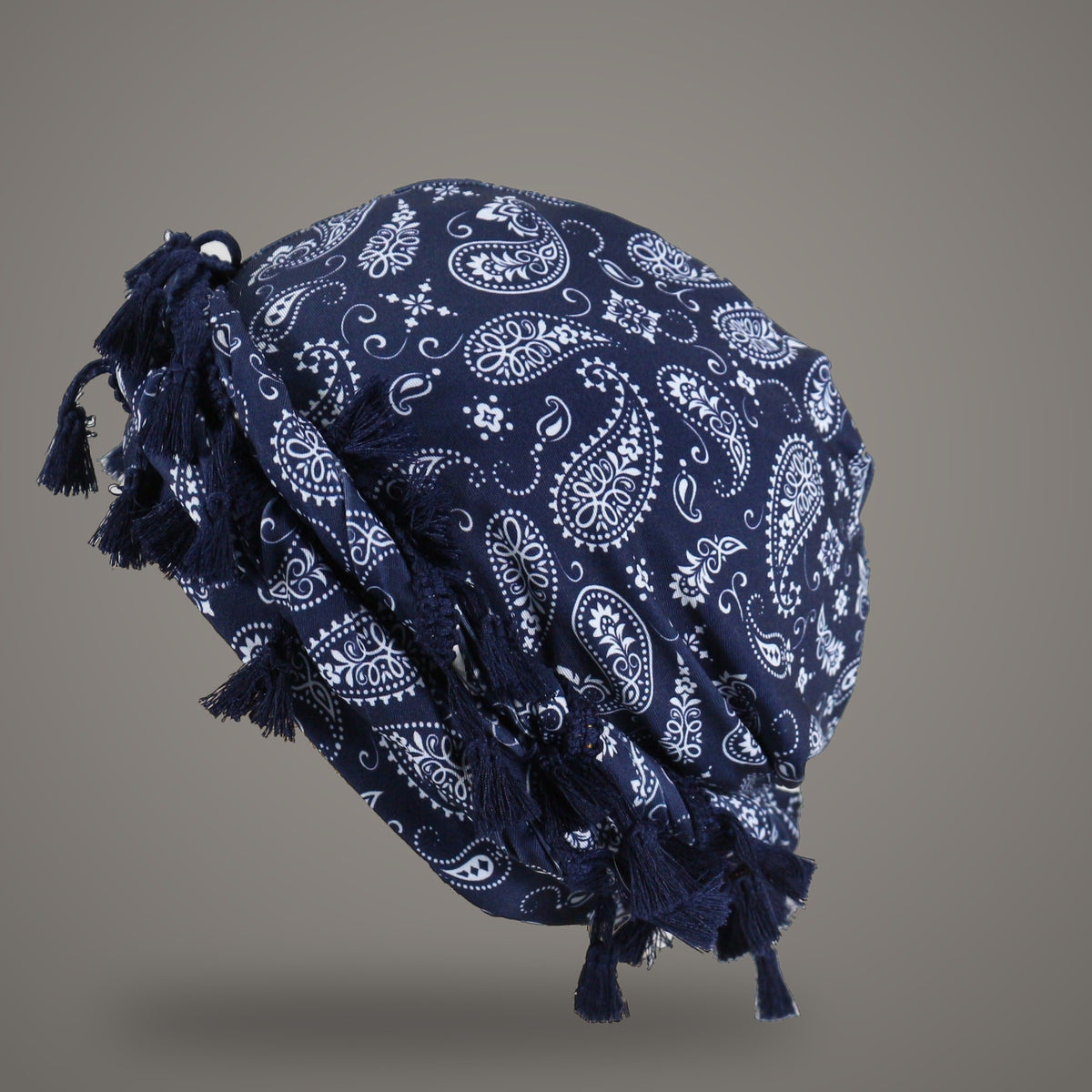 Navy blue paisley tassel turban
