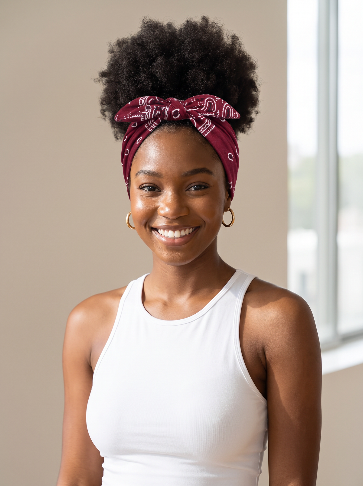 Woman with an afro puff wearing the burgundy bandana bow headband