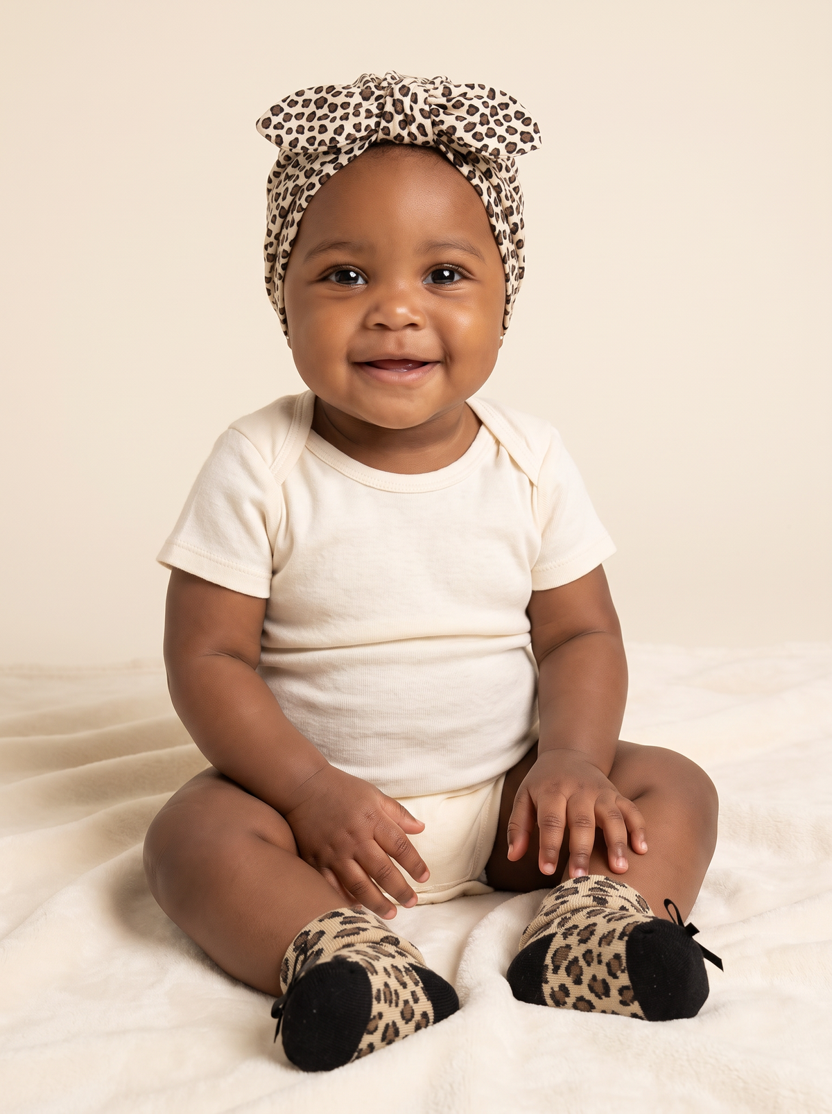 Baby girl wearing the leopard turban and matching socks