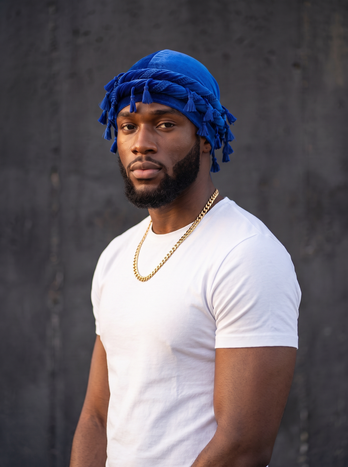 Man in a white tee wearing the blue velvet twist turban