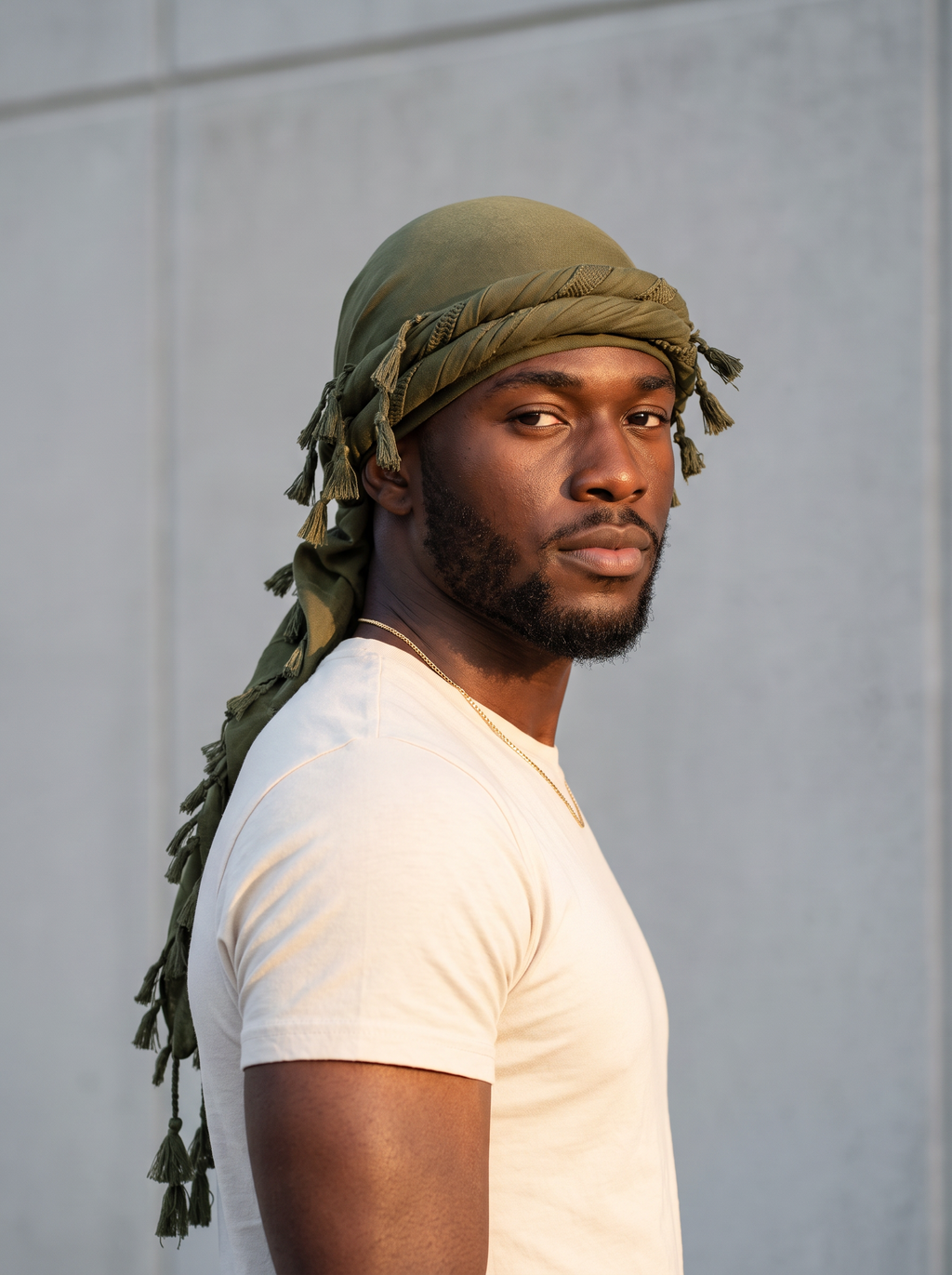 Man wearing the green vintage twist turban with tassels