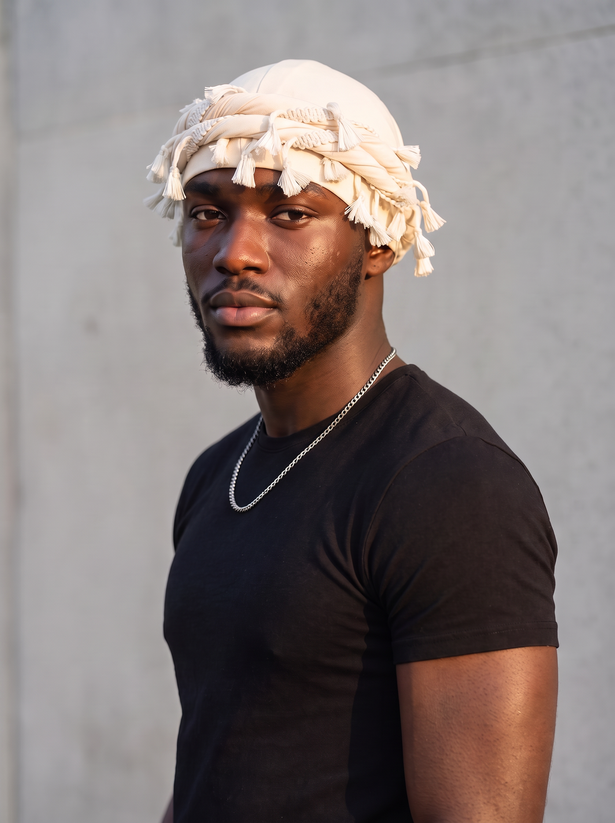 Man wearing the beige halo turban with tassels