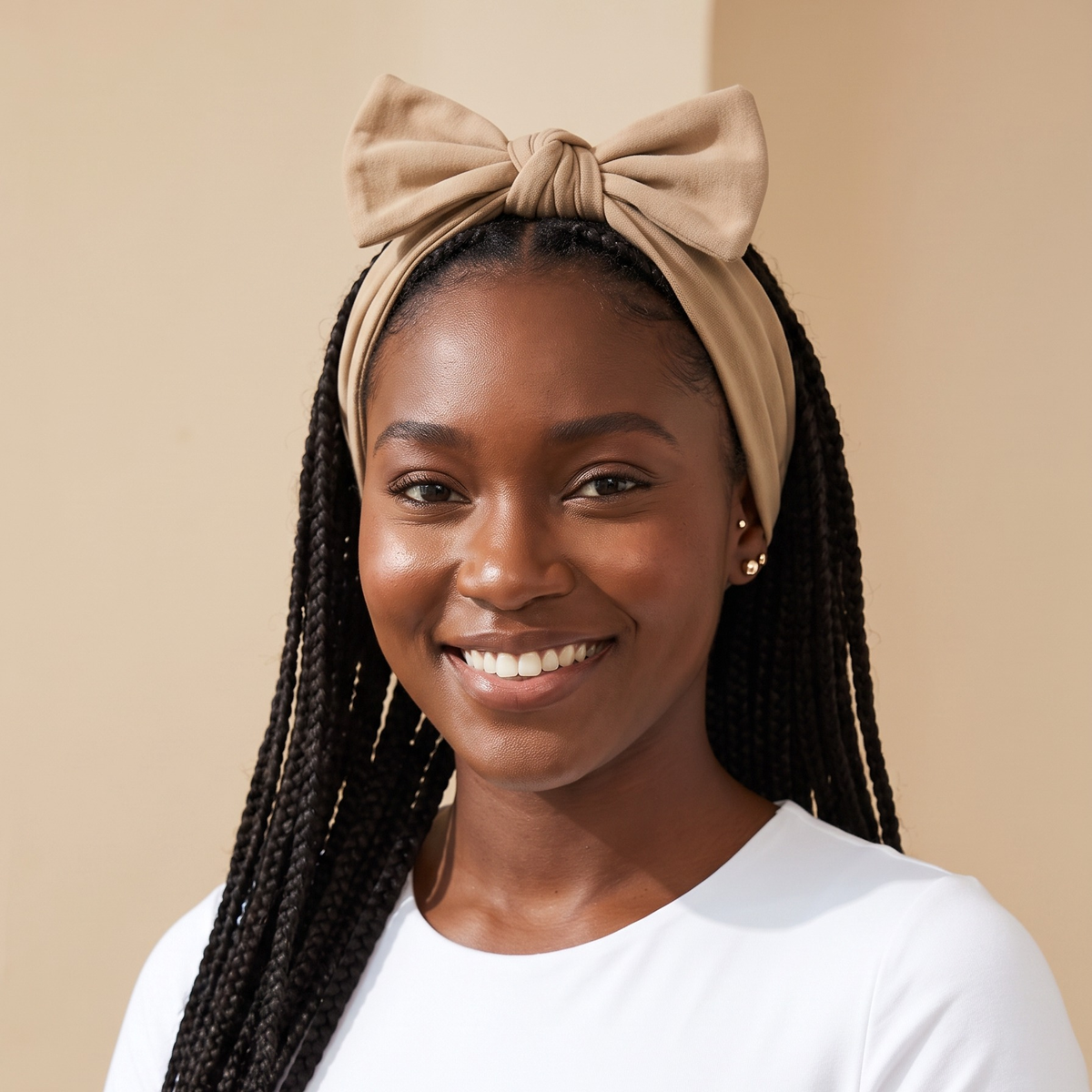 Woman with box braids wearing the tan knotted bow headband
