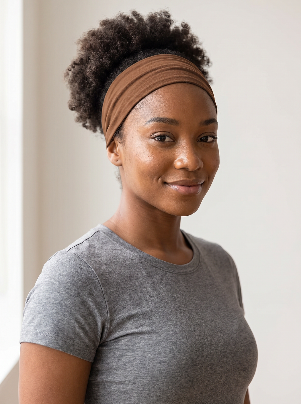 Woman wearing the brown wide stretch headband