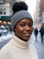 Woman wearing the grey ribbed knit ear warmer headband on a winter street