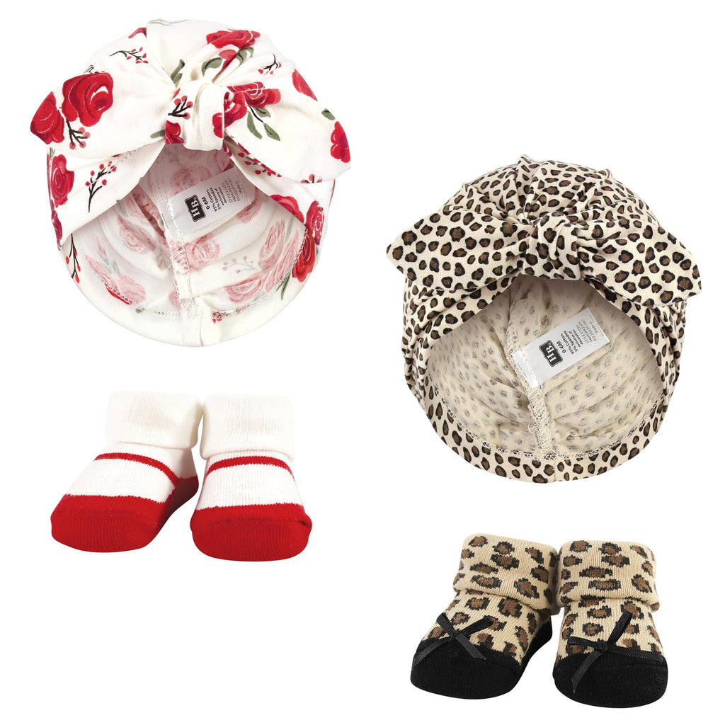 Baby turban and socks set in red rose leopard