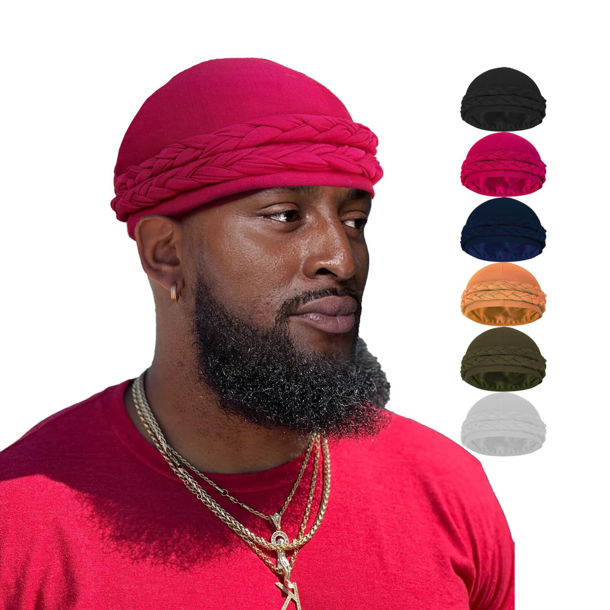 Burgundy and olive satin-lined halo turban