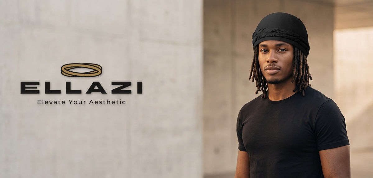 Ellazi logo and tagline on a concrete wall beside a man wearing the black halo turban