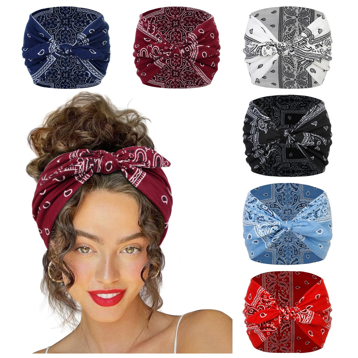 Extra-wide boho print bow headbands 6-pack