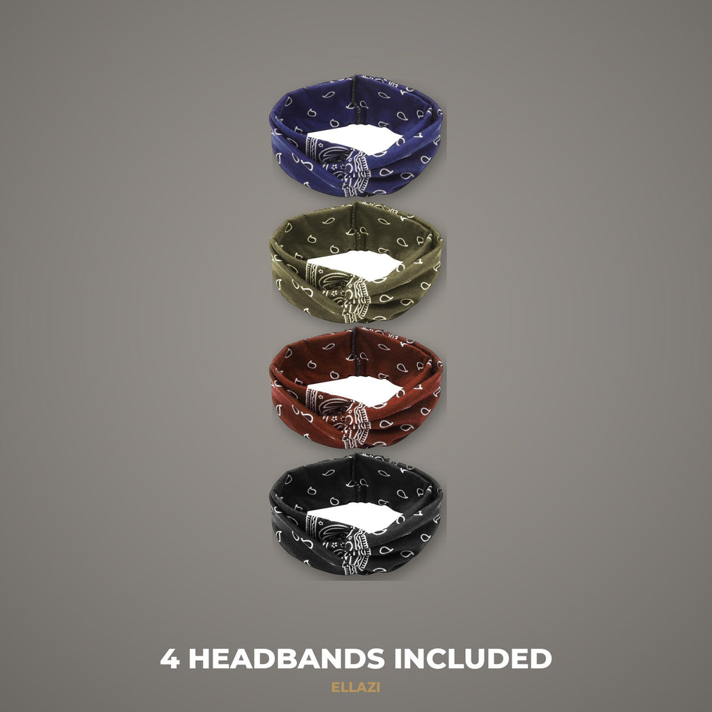 Paisley bandana knotted headbands 4-pack in navy, olive, brown and black, what's included