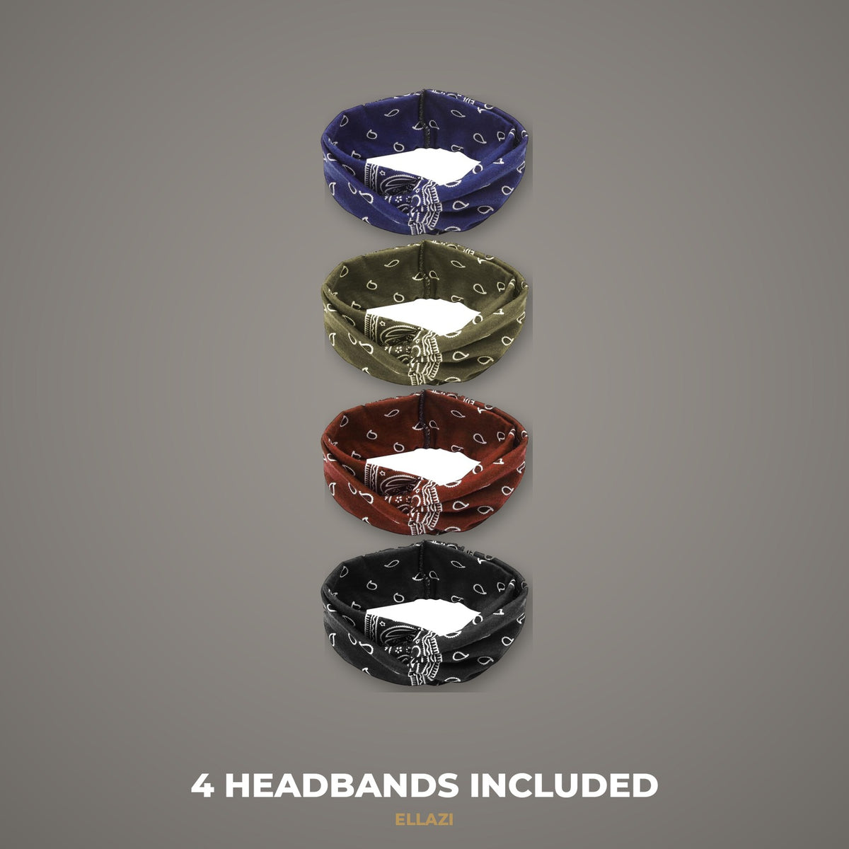 Paisley bandana knotted headbands 4-pack in navy, olive, brown and black, what's included