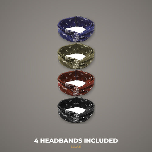 Paisley bandana knotted headbands 4-pack in navy, olive, brown and black, what's included
