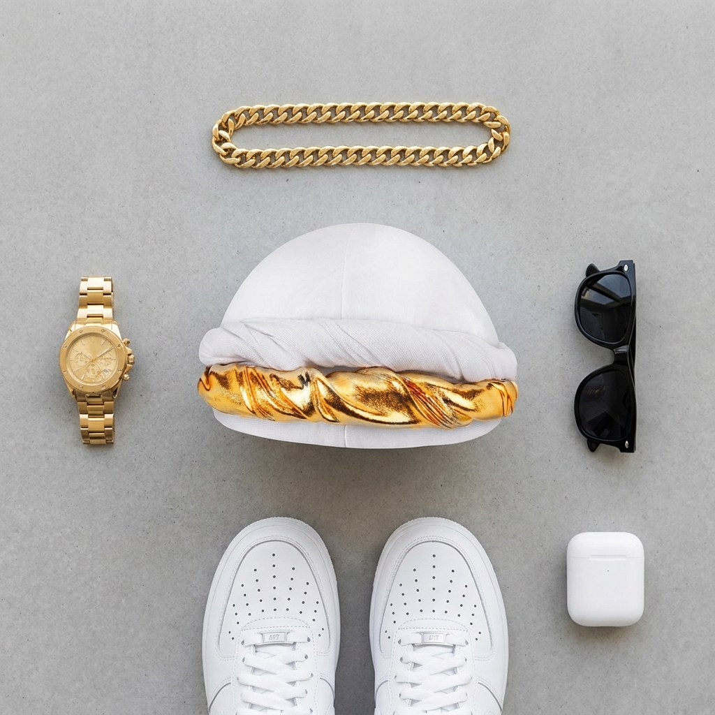 Flat-lay of the white halo turban with gold chain, watch and sneakers