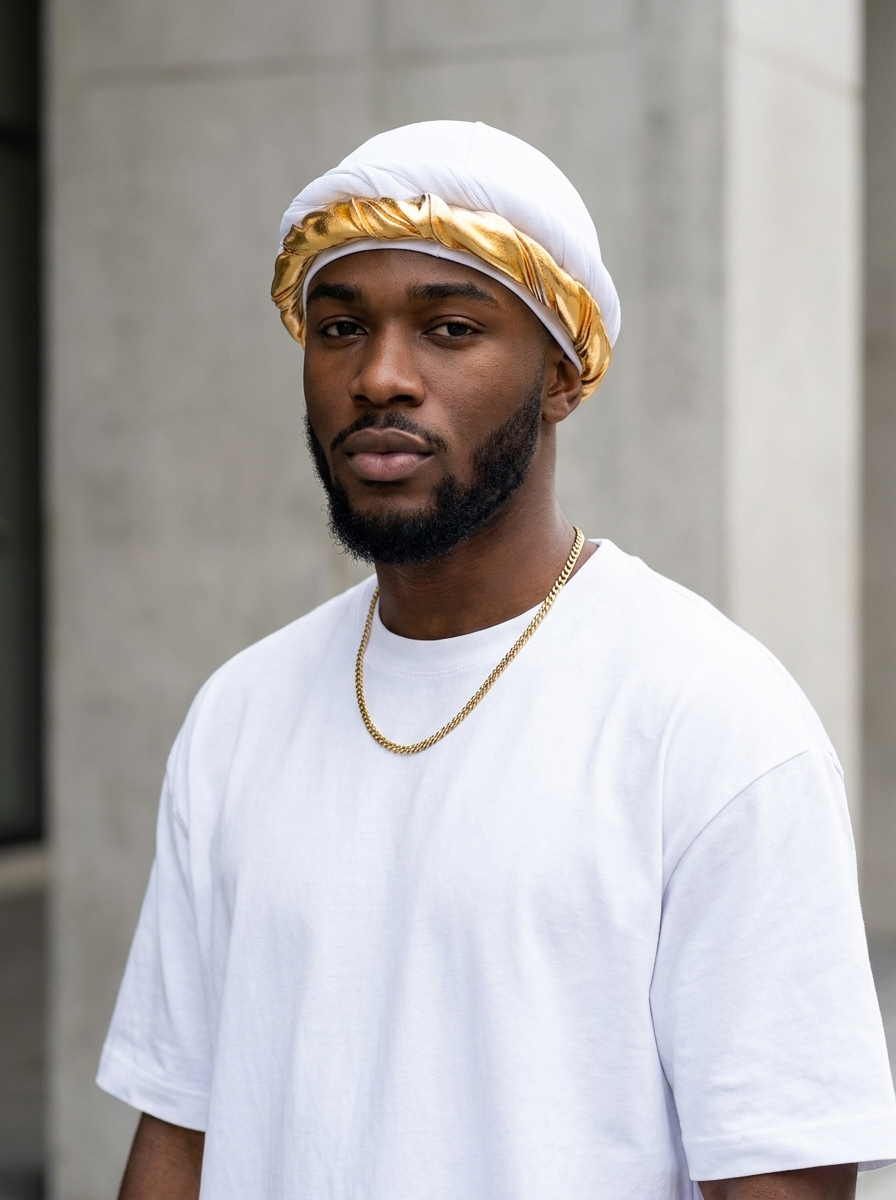 Man wearing the white halo turban with gold twist, urban portrait