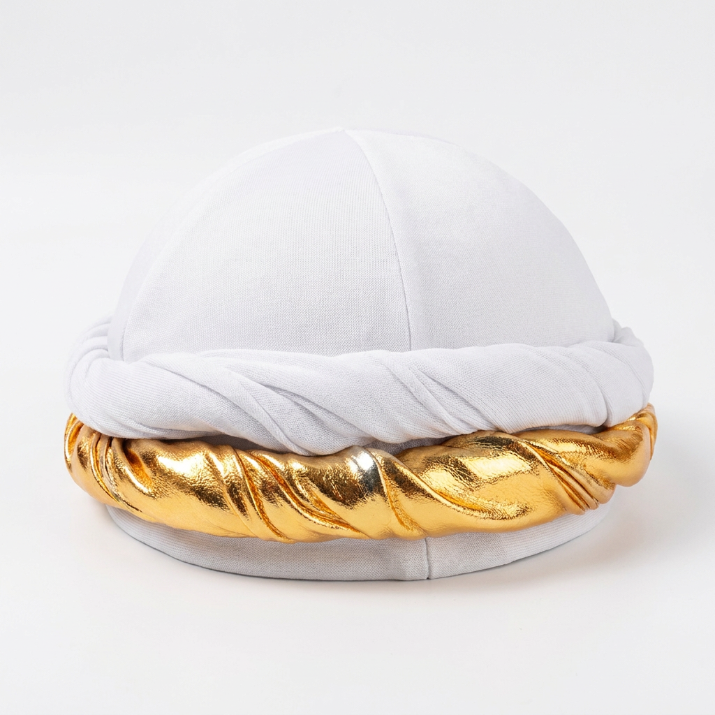 White halo turban with twisted gold band, front view on white background