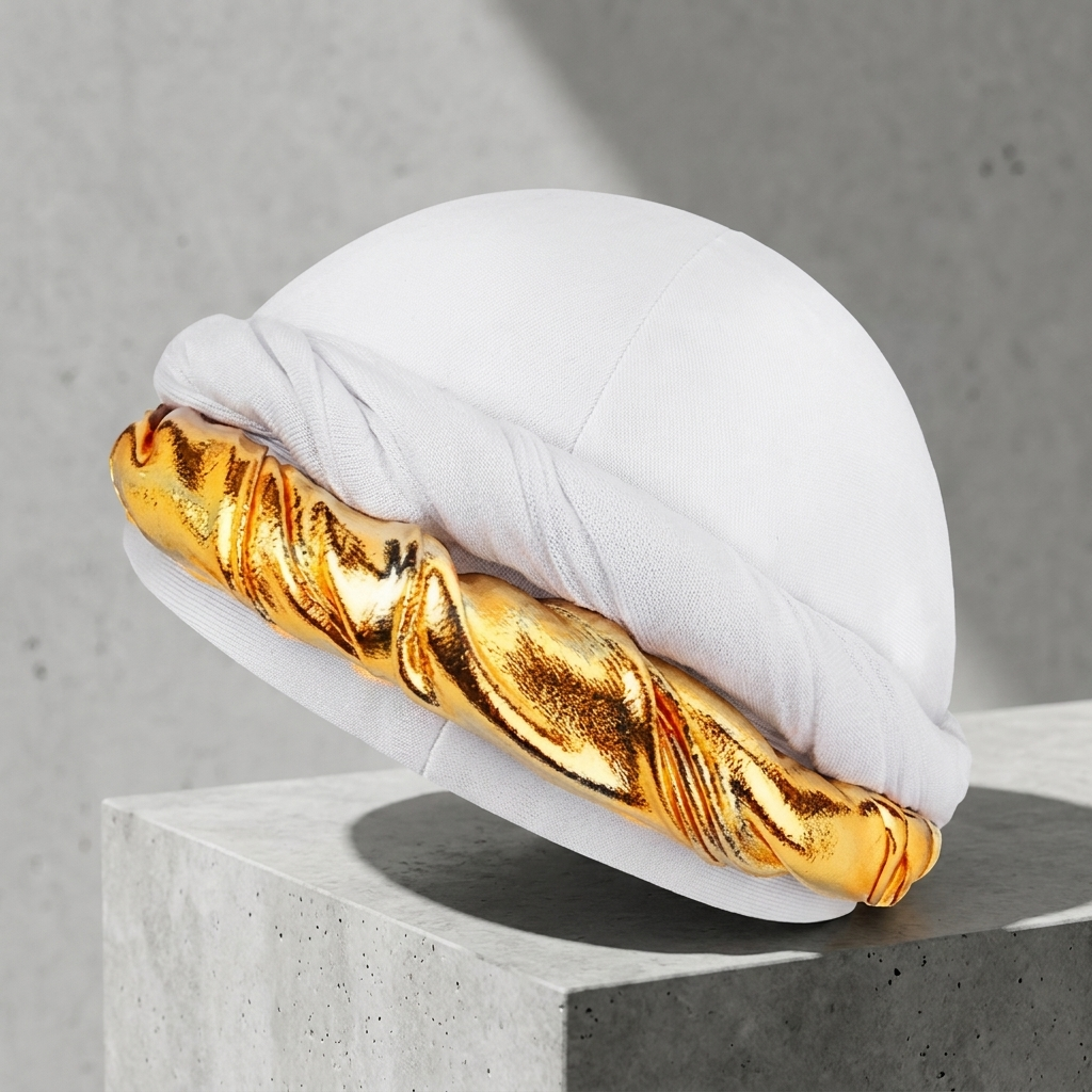White halo turban with gold twist, three-quarter angle on concrete