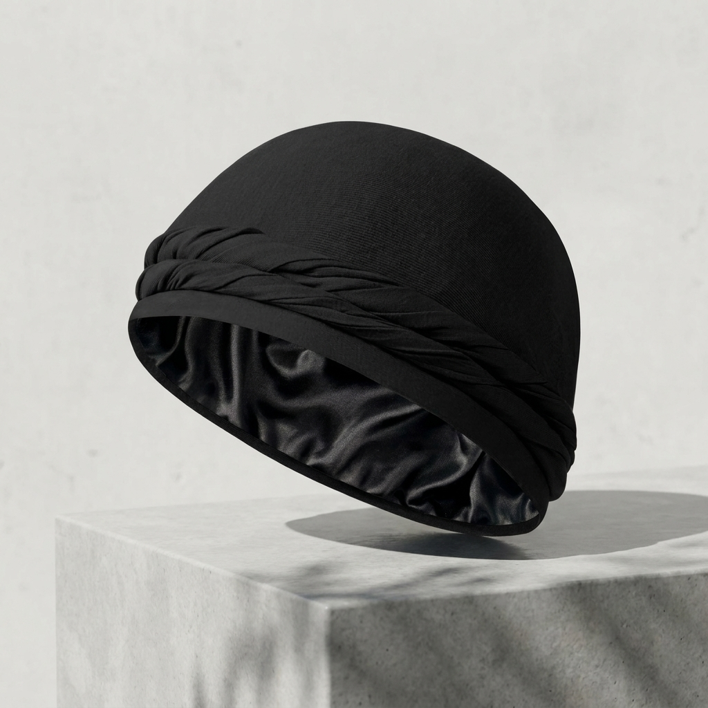 Black halo turban side angle showing braided band and satin lining