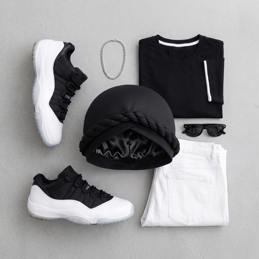 Flat-lay of the black halo turban with tee, sneakers and accessories