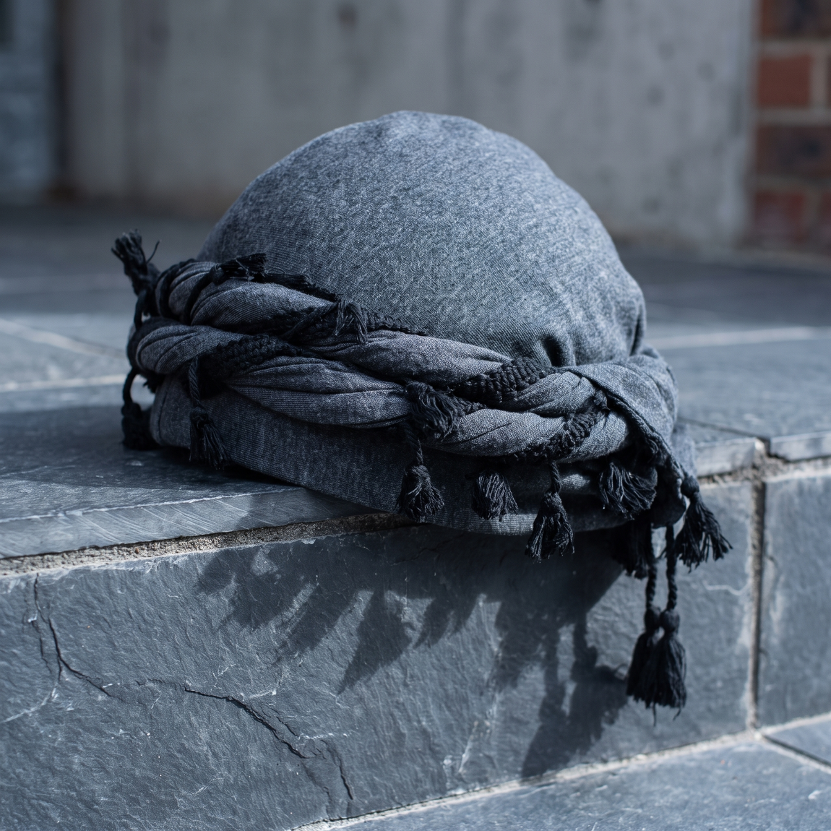 Grey twist turban side angle showing black tassels on a slate step