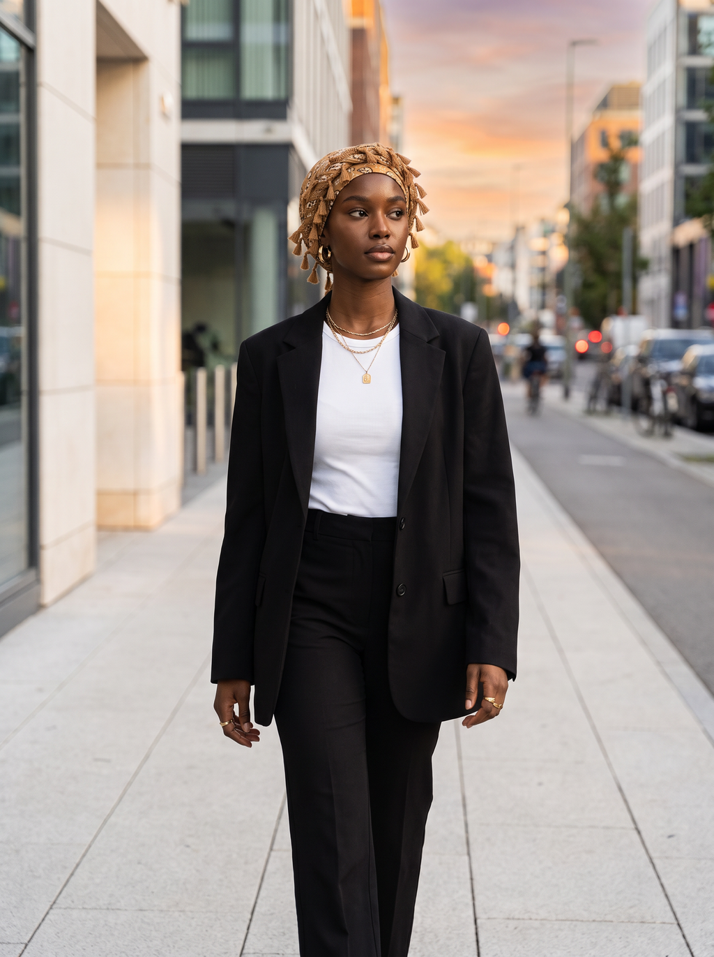 Woman in a black blazer wearing the paisley tassel turban on a city street