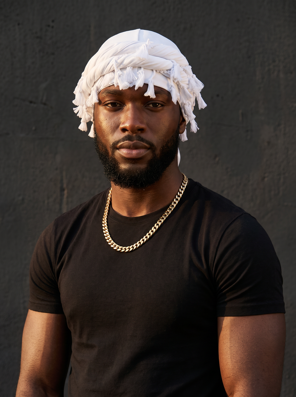 Man wearing the white halo turban with tassel trim