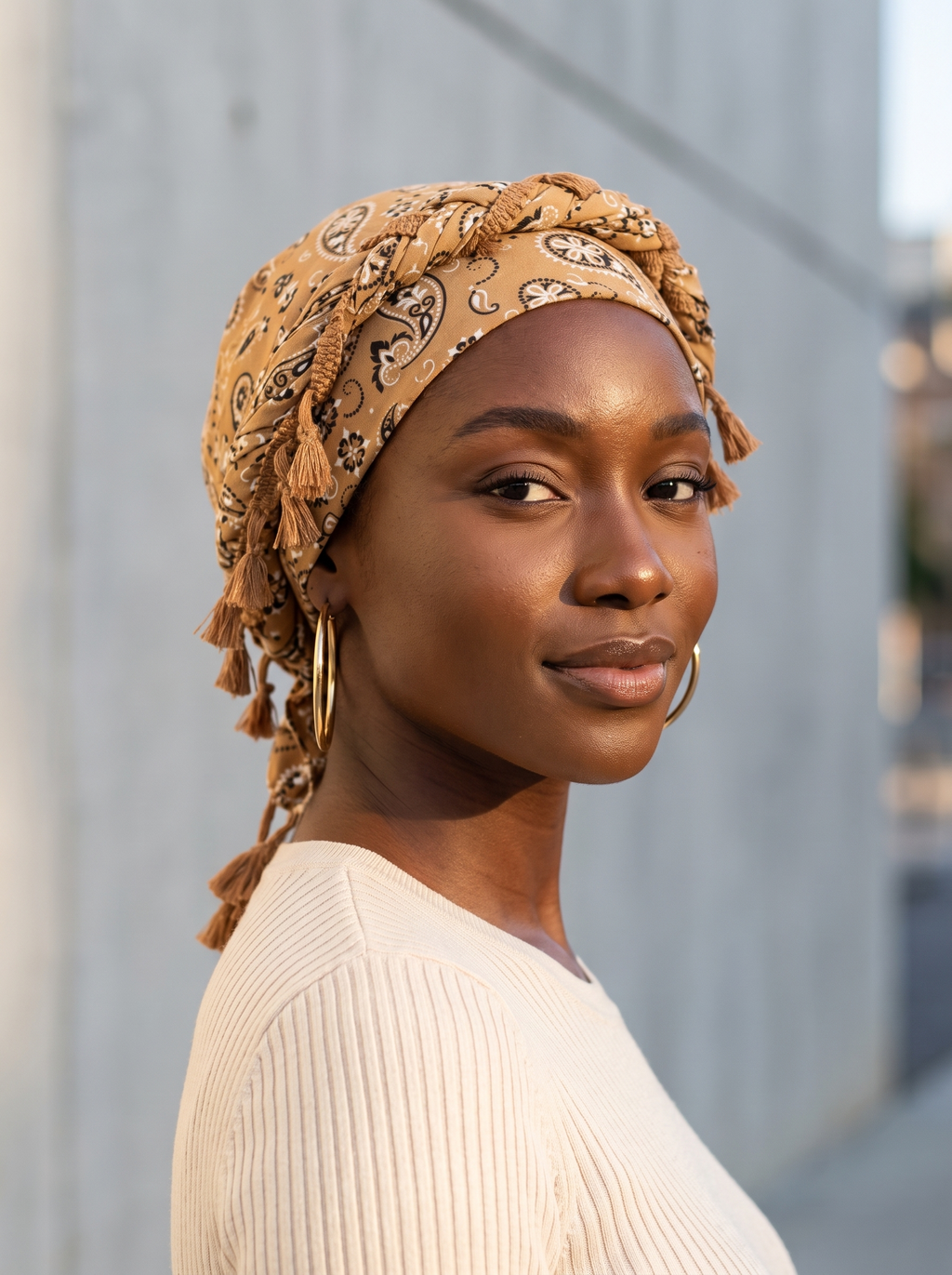 Woman wearing the tan paisley tassel turban