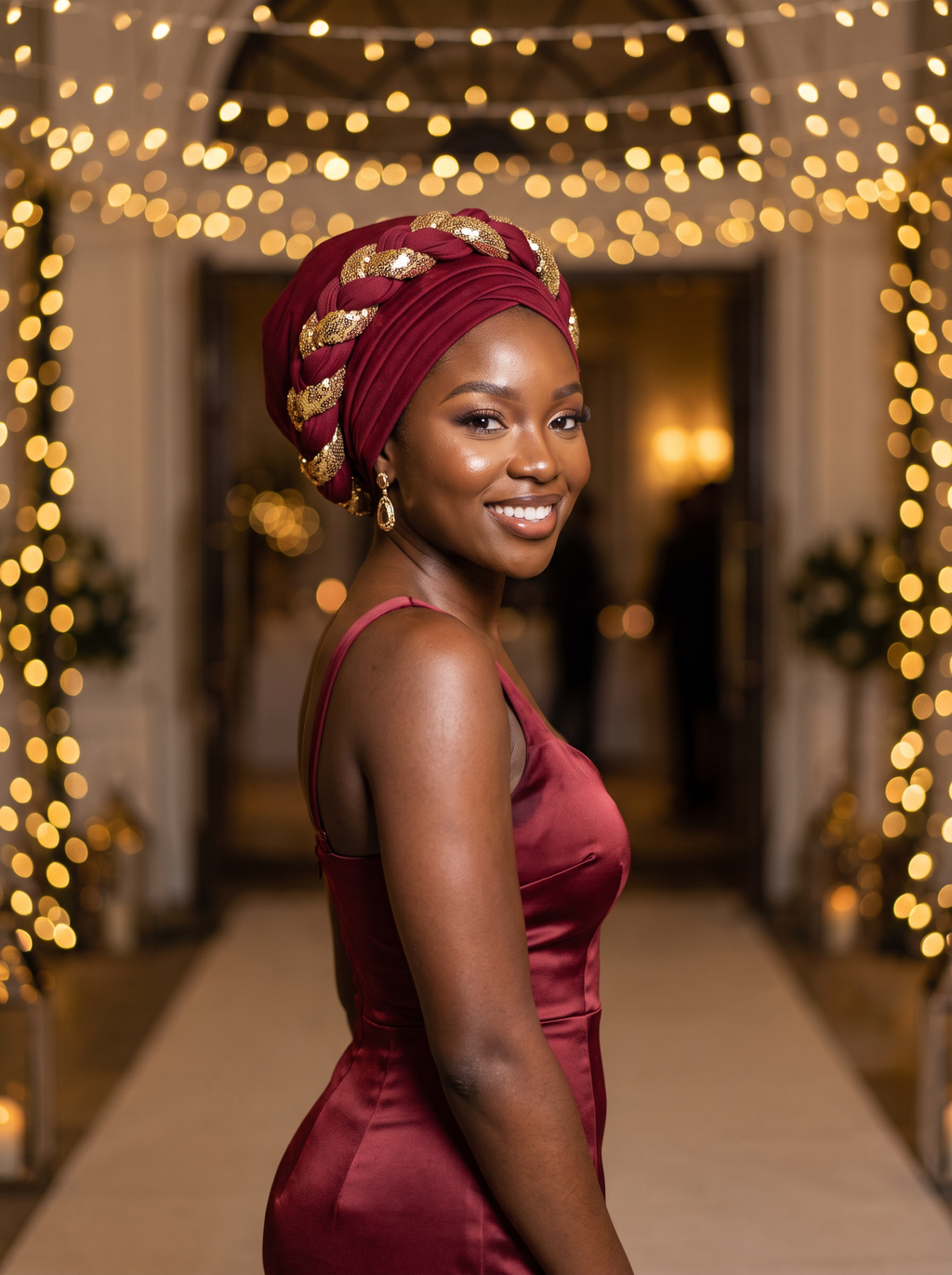 Woman in a wine red dress wearing the red wine sequin braided turban at an evening event