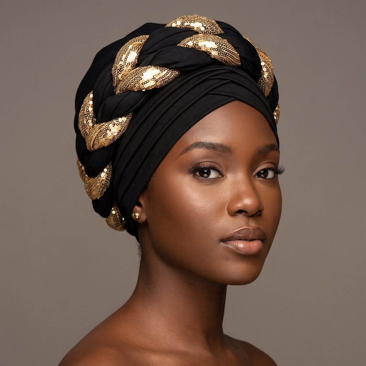 Woman wearing the black and gold sequin braided turban, studio portrait